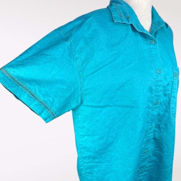 Vintage 90s Blue Button Up Shirt Eyelet Trim Boxy Fit Top Small - Picture 7 of 9